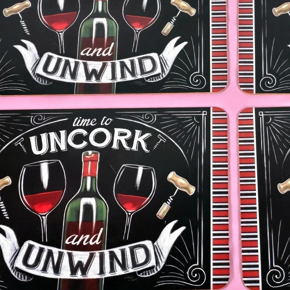 Wellington Studio Wine Placemats Set of 4 Cork Back Uncork and Unwind Chalkboard